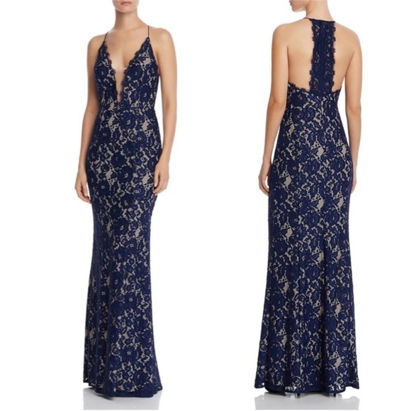 NWT Aidan by Aidan Mattox Lace V-Neck Mermaid Evening Dress Gown in Navy/nude - Picture 10 of 10